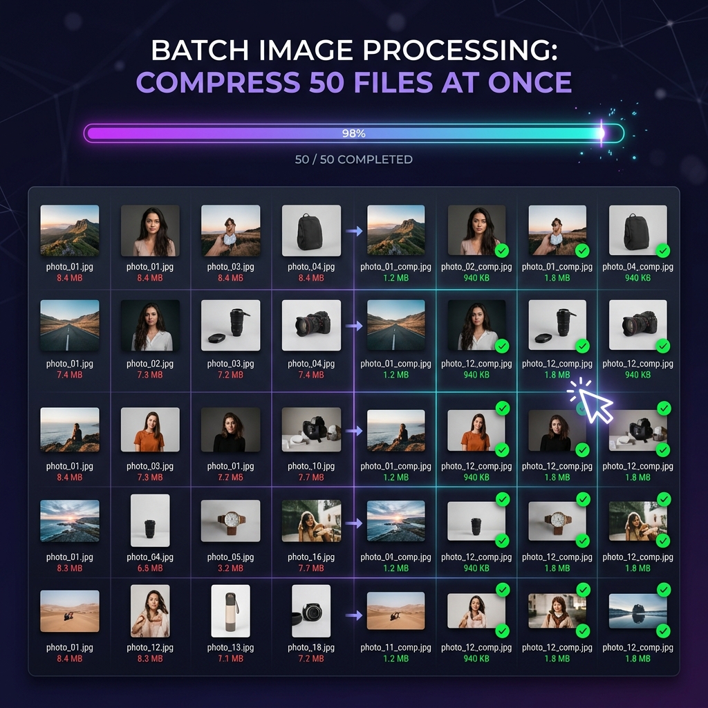 Grid of image thumbnails being batch compressed simultaneously with green checkmarks and shrinking file size labels
