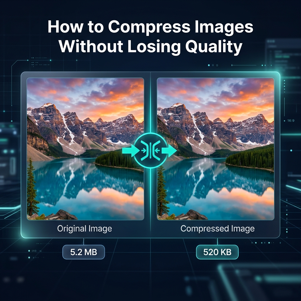 Side-by-side comparison showing image quality retained after compression, reducing file size from 5 MB to under 500 KB