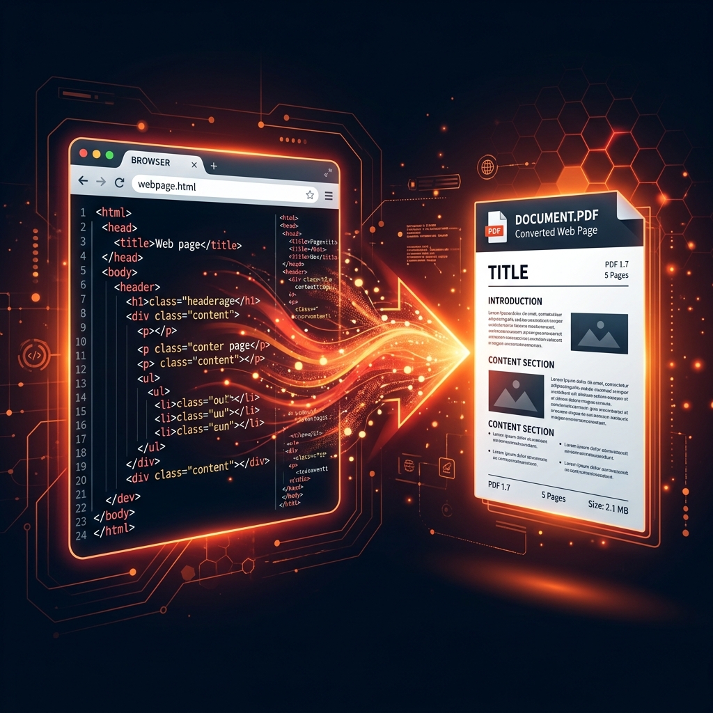 HTML webpage code being rendered and exported as a downloadable PDF in a browser