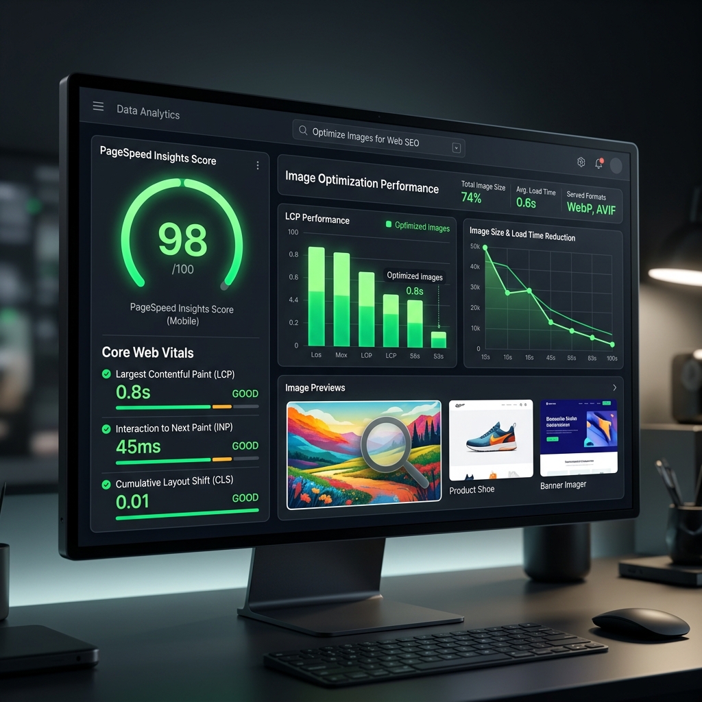 PageSpeed Insights dashboard showing a 98 performance score with green Core Web Vitals metrics and image optimization graphs