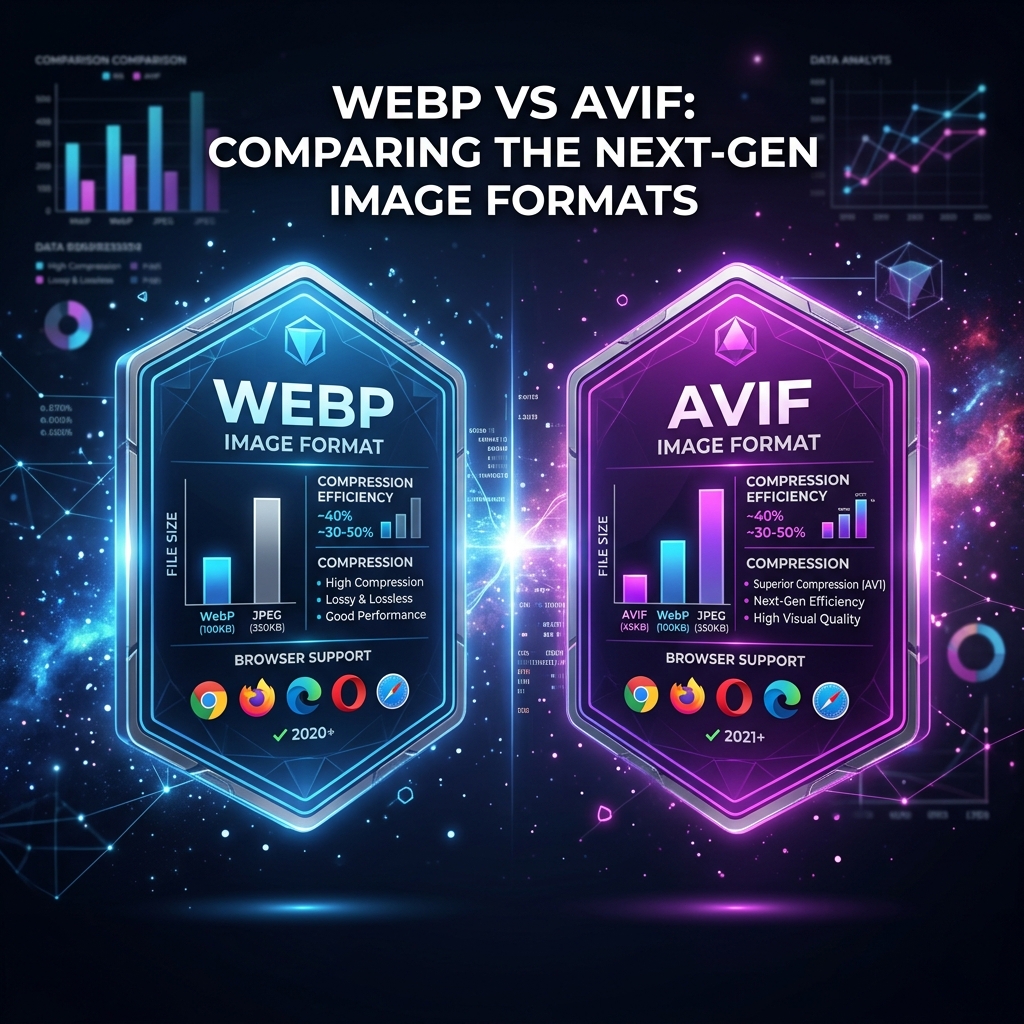 WebP and AVIF format badges with compression statistics and browser compatibility data side by side