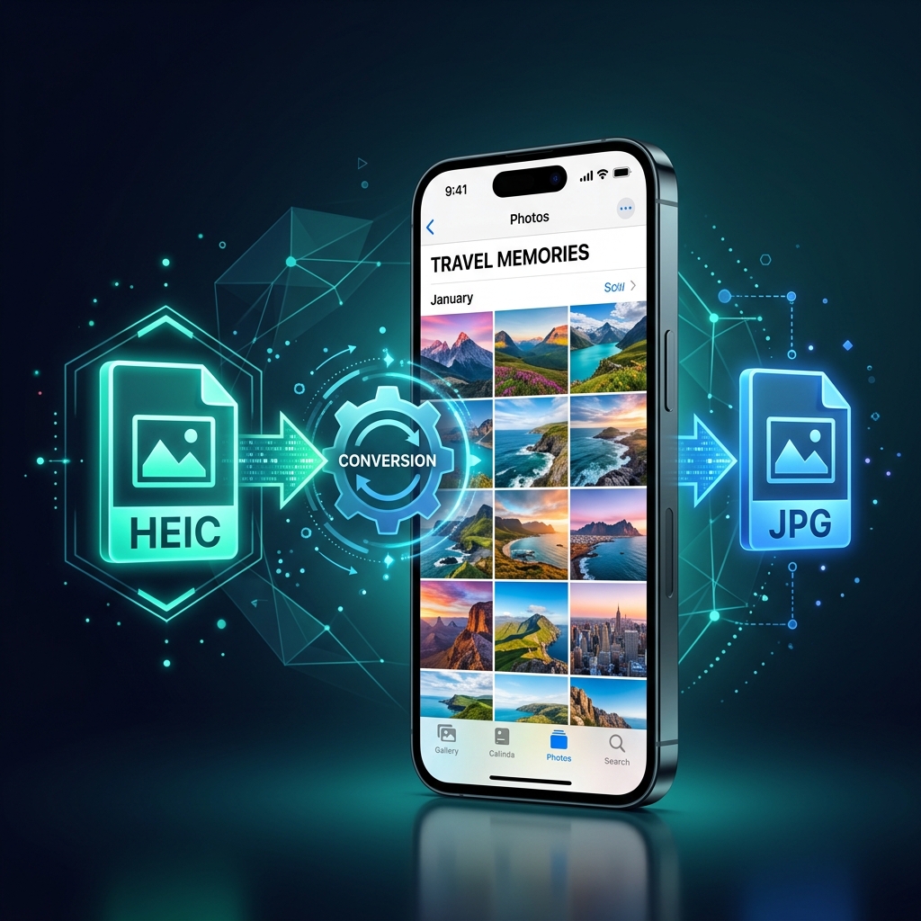 What is a HEIC file – iPhone camera surrounded by HEIC and JPG format icons showing Apple's High Efficiency Image Container format and photo compression technology